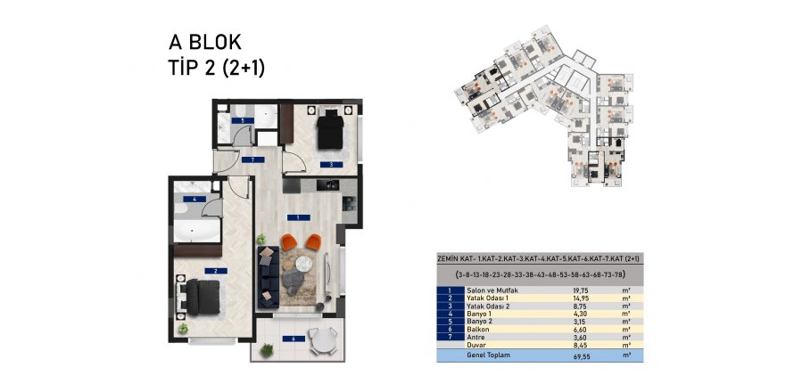 Daire Mostar Residence 2+1, Avsallar, Antalya, Türkiye №84126