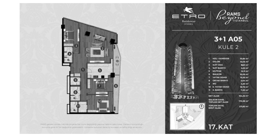 Квартира в Etro Residences 3+1, Сарыер, Стамбул, Турция №190111