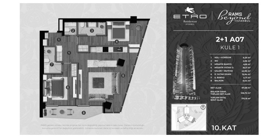 2+1 Apartment in Etro Residences, Sariyer, Istanbul, Turkey No. 190110