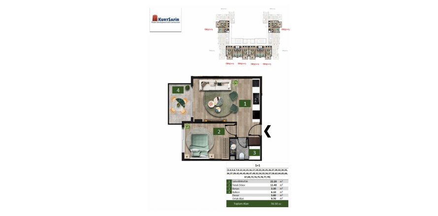 Квартира в Euro Residence Avsallar 1+1, Аланья, Анталья, Турция №84229